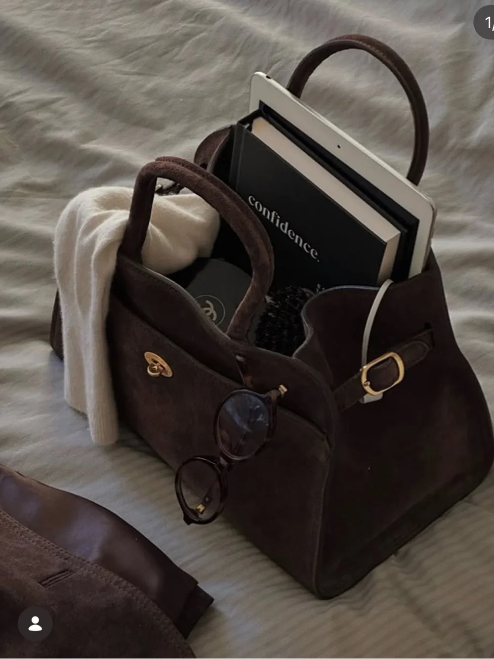 Elborn Structured Suede Satchel in Dark Brown with Gold-Tone Turn Lock